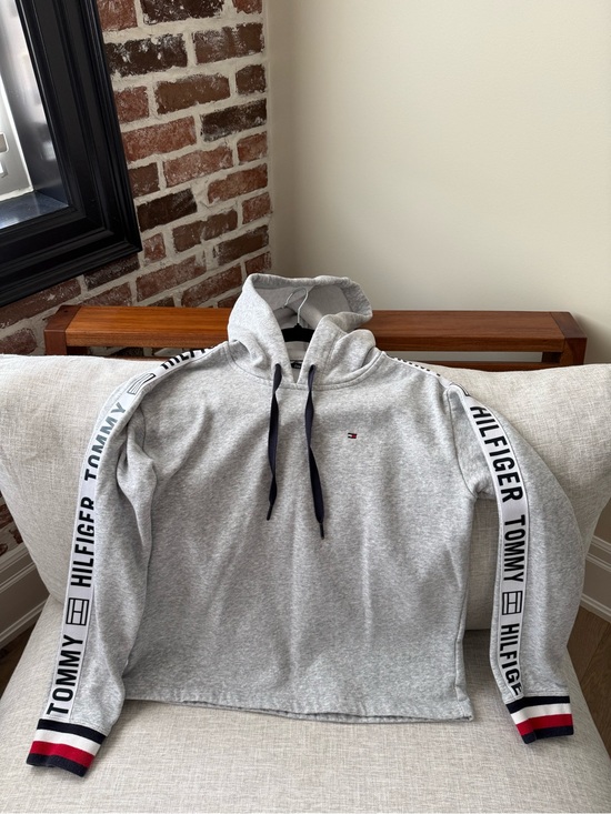 Tommy Hilfiger Sweaters - Tommy Hilfiger Gray Pullover Hoodie with Branded Sleeve Tape